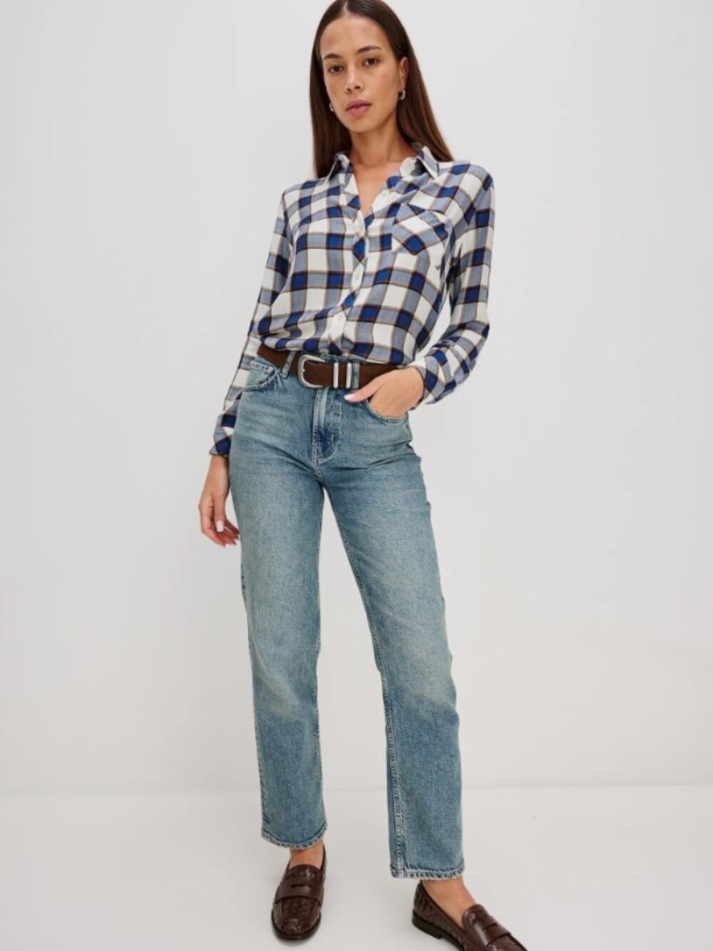 Rails Hunter Navy Blue White Button Up Down Long Sleeve Plaid Shirt Top Medium